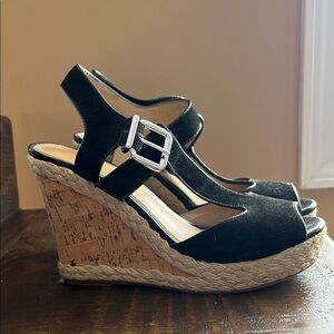 Black Wedge Sandals with Cork Heel